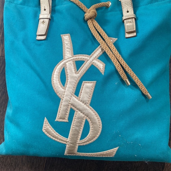 YSL Saint Laurent summer tote blue turquoise gold leather logo bag  shopping - Picture 2 of 2